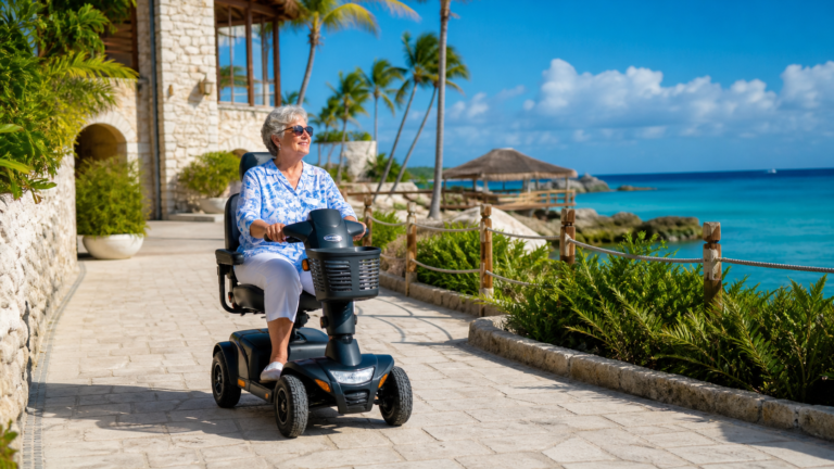 Tourist using a mobility scooter on an accessible resort walkway in Bayahíbe, Dominican Republic