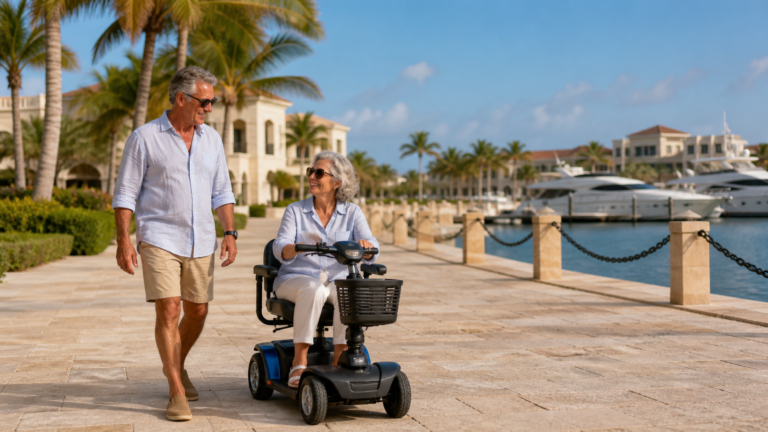 Tourist using a mobility scooter on an accessible Cap Cana marina promenade
