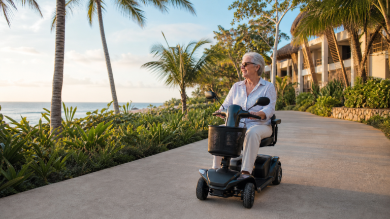 Tourist using a mobility scooter at a coastal resort in Miches, Dominican Republic