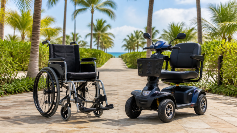 Manual wheelchair and four-wheel mobility scooter comparison at a Punta Cana resort
